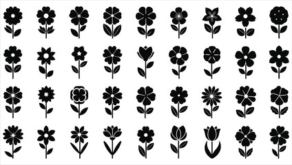 Collection of black silhouette flower icons with stems and leaves white background