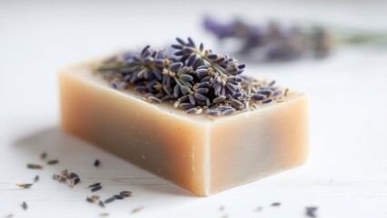 Lavender soap on white surface