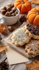 Halloween Bakery Flat Lay with Cookies and Spiderwebs Festive autumn cookies decorated with spider web designs and seasonal decor.