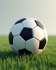 Fototapeta premium A classic black and white soccer ball rests on a pristine green grass field, ready for the game to begin.