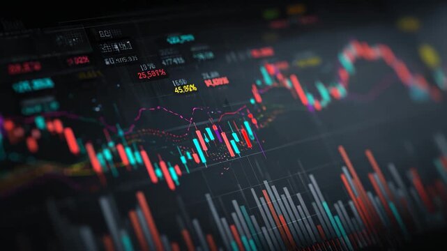 Volatile stock market display screen with financial chart and candle graph for trading - Powered by Adobe