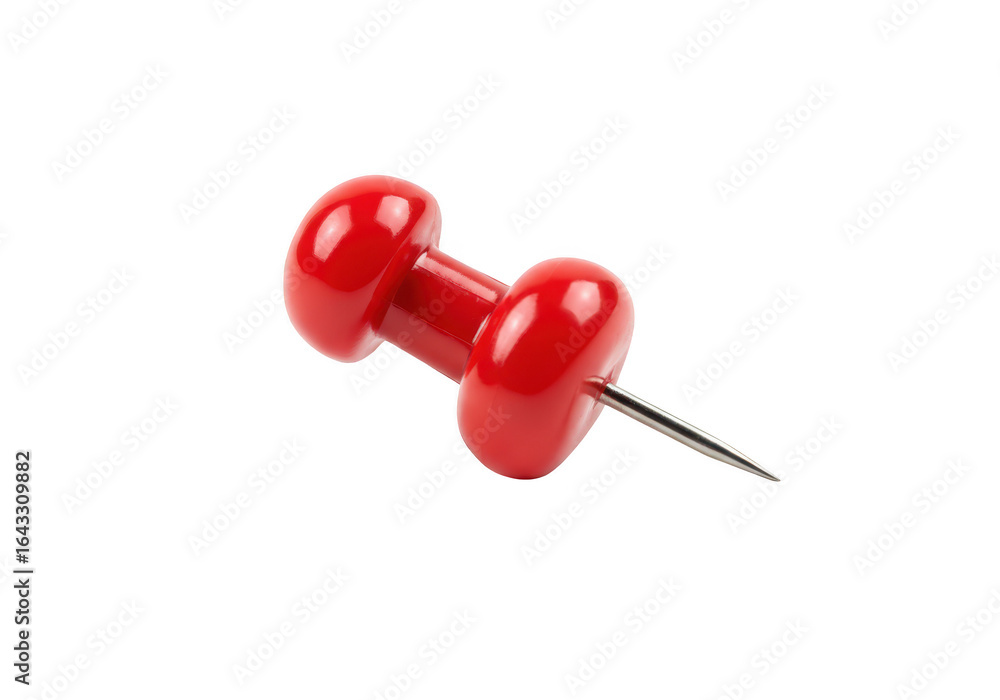 Poster a single red pushpin with a sharp metal point, isolated on a transparent background, representing of