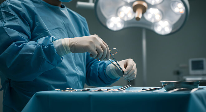 A skilled surgeon in sterile attire meticulously prepares surgical instruments for a critical procedure in a modern operating room - Powered by Adobe