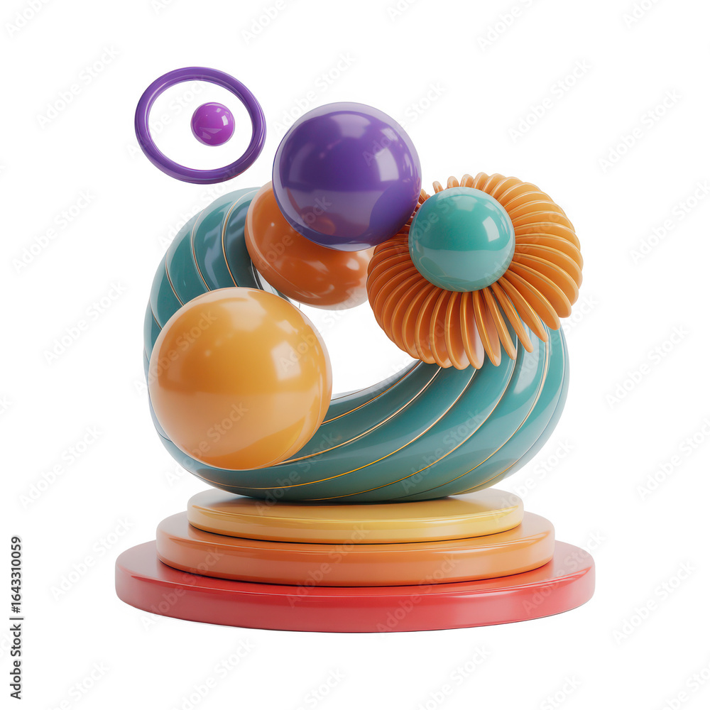 Poster abstract surreal sculpture with spheres and ribbed forms isolated on transparent background