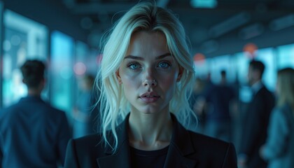 Serious businesswoman in tech hub. Use for leadership, data privacy, secure networks and corporate innovation campaigns.
