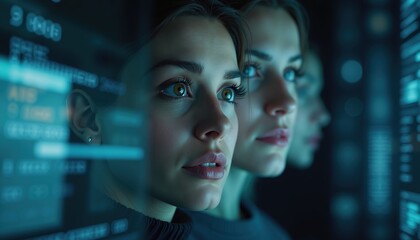 Focused man in data-rich environment. Use for cybersecurity, AI development, secure networks and leadership branding.
