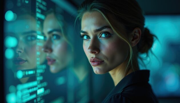 Businesswoman in cyber-lit environment. Use for corporate innovation, leadership, data protection and secure network marketing.
