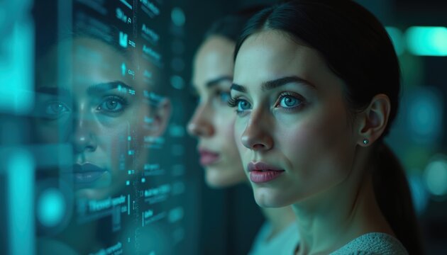 Close-up with holographic interface reflections. Use for futuristic concept art, creative tech visuals, immersive design and cyber culture.
