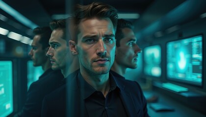 Male portrait with mirrored reflections in cyber setting. Use for creative concept photography, cinematic visuals, branding and cyberpunk culture.
