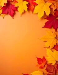 Autumn leaves arranged in a frame against an orange background.