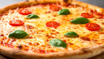 Classic Margherita Pizza with Fresh Basil and Tomato Toppings Close Up Shot
