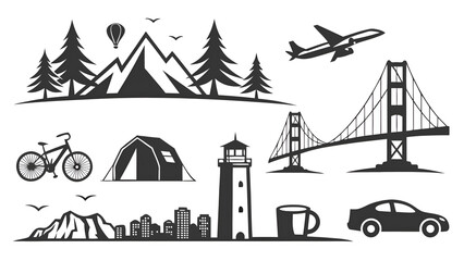 Naklejka premium Travel Icons with Mountains, Bridge, Airplane