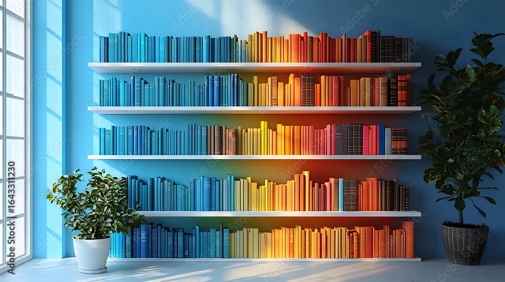 Aufkleber books arranged by color spectrum on white shelves creating rainbow gradient effect near window with 