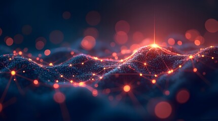 Futuristic data landscape with glowing red nodes and network connections on a dark blue background.