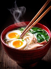 Hot, steaming ramen in red bowl