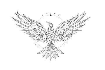 Fototapeta premium Phoenix Bird Rising with Wings Spread in Starry Circle