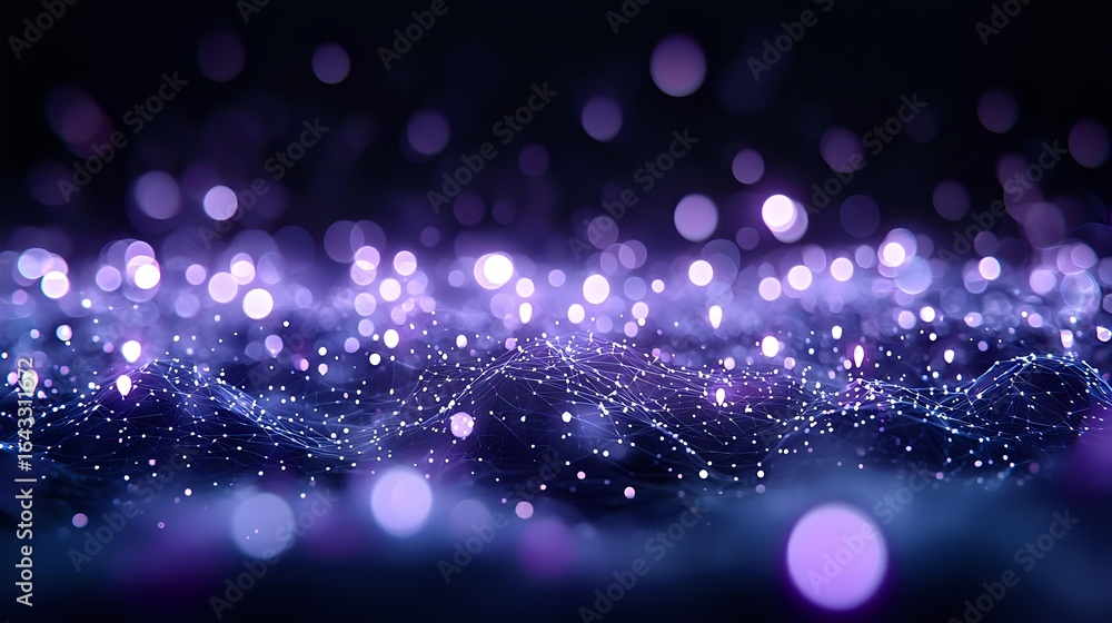 Poster purple and blue glowing bokeh lights create magical abstract background with blurred sparkles and sh