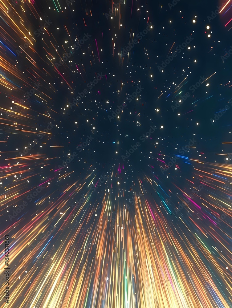 Poster colorful light trails exploding in space with dynamic motion effect, creating abstract starburst pat