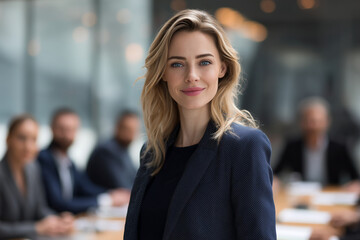 Fototapeta premium Successful businesswoman wearing a blue suit jacket, in her office, with her management team in the background and out of focus.