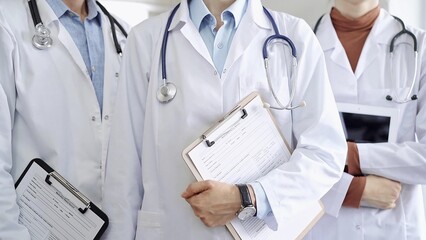 Group of doctors wearing white coats and stethoscopes standing with clipboards. Medical team at work