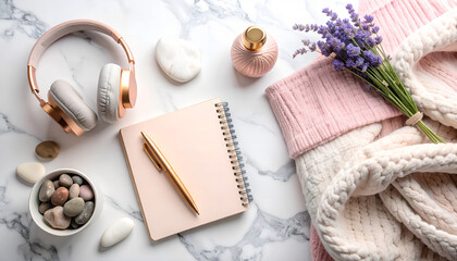 Luxury Anxiety Relief Tools Flat Lay | Premium Mental Health & Self-Care Products | Calming Stress Relief Essentials Photography