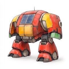 Retro Red and Yellow Robot with Solar Panel Illustration