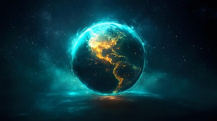 Obraz premium Glowing planet Earth with luminous turquoise network connections and golden city lights against dark space background, showing Americas continent view.