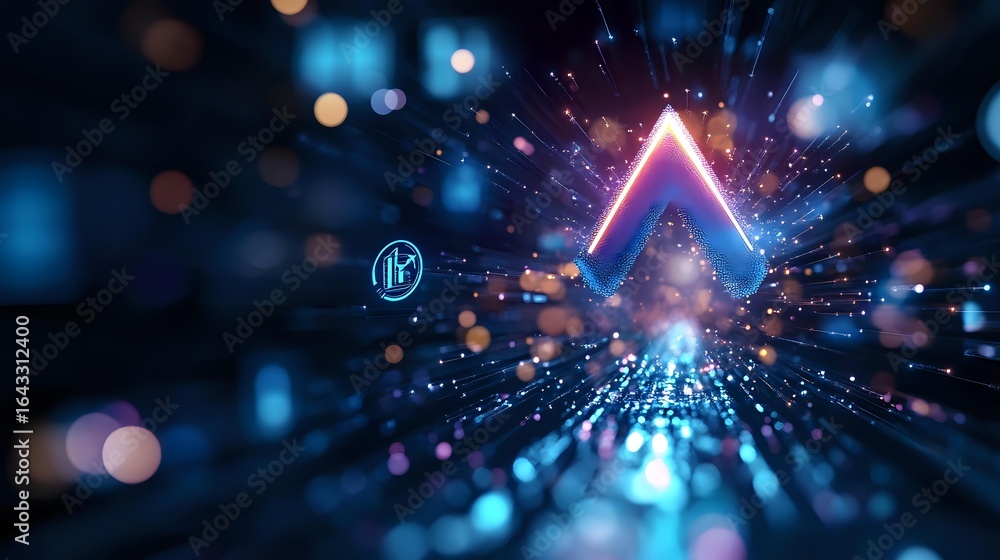 Poster glowing neon triangle with light rays and particles on dark background with blue bokeh effect create