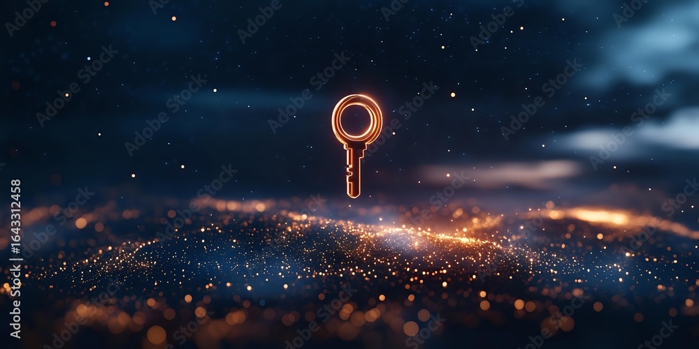 Poster glowing key symbol floating over dark surface with magical sparkles and bokeh effects against dramat