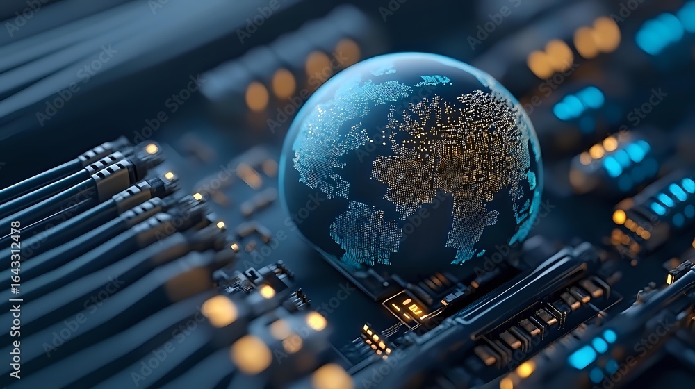 Poster glowing digital globe on computer circuit board with blue and orange lights, representing global tec