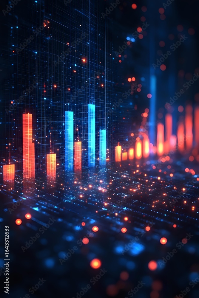 Aufkleber glowing financial chart bars in orange and blue colors on digital grid background with particles and