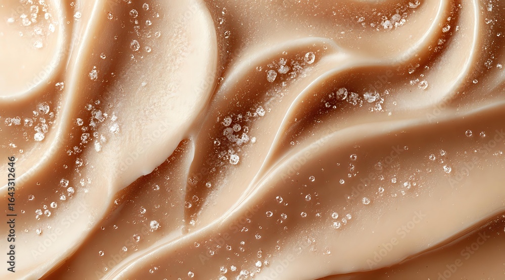 Poster luxurious caramel waves with sparkling bubbles create smooth flowing curves on beige background, abs