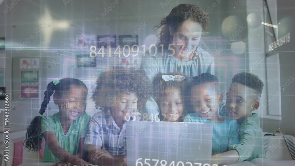 Poster educator guiding children typing on laptop when numeric data overlays streaming for live learning