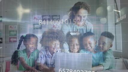 Educator guiding children typing on laptop when numeric data overlays streaming for live learning - Powered by Adobe