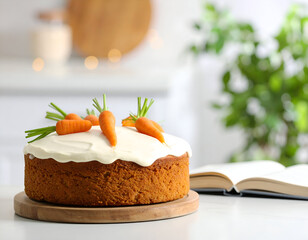 Delicious Frosted Carrot Cake with Fresh Carrots and Cream Cheese Frosting Beside an Open Cookbook