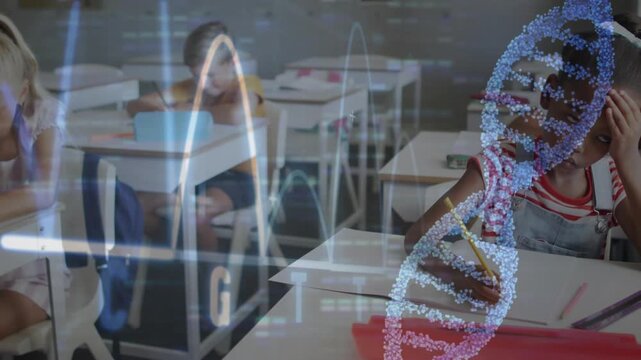 At start students writing notes in class while transparent DNA helix and waveform overlays pulsing