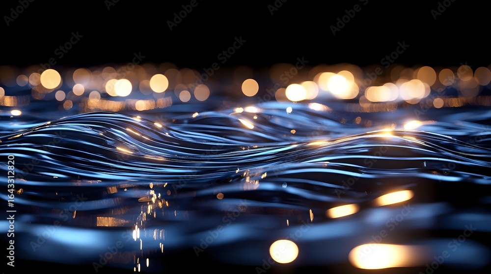 Poster rippling water surface with golden bokeh lights reflecting at night creating mesmerizing pattern of 