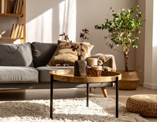 A stylish and cozy living room interior with a sofa, coffee table, and plant bathed in warm sunlight.
