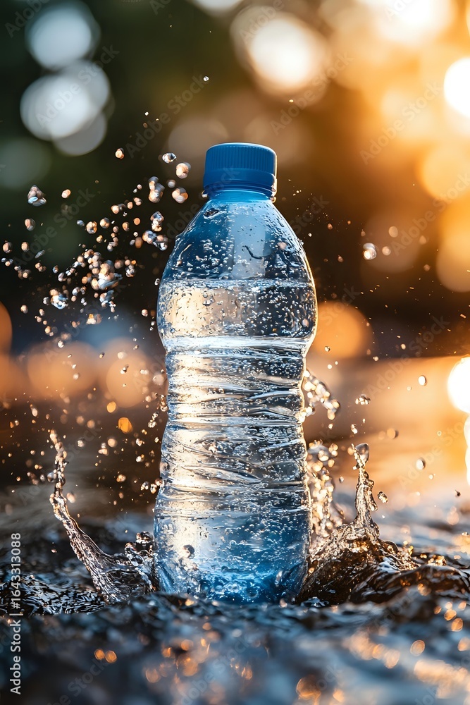 Poster fresh water bottle splashing in golden sunset light with dynamic water drops and bokeh effect creati