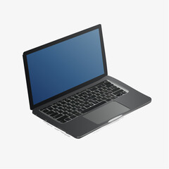 A sleek modern laptop with a vibrant blue screen is presented in an isometric perspective against a clean white background.