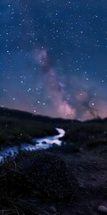 Magical night landscape with winding river reflecting starry sky and Milky Way galaxy, dark silhouette of mountains against purple-blue cosmic background.