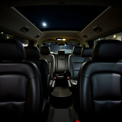 Passenger van interior with rows of leather seats at night. Front seat of mini van in focus and two rear rows in the background.