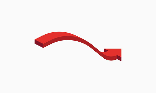 3D red arrow showing a downward curve, symbolizing a decline, recession, or negative trend. Curved isometric red arrow indicating a decrease, fall. Perfect for business and financial presentations