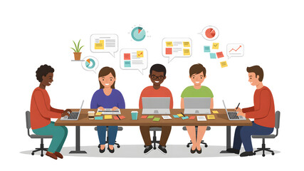 A collaborative team working together on a project, seated around a conference table