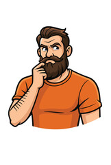 Bearded Man Thinking – Cartoon Vector Illustration of Pensive Male with Beard and Mustache Wearing Orange T-Shirt, Perfect for Ideas, Decision Making, and Character Design Concepts


