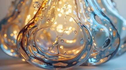 Close-up of abstract glass sculpture with golden bokeh lights