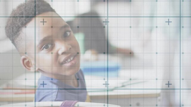 Teacher calling out in class triggers boy turning head, smiling while animated arrow guiding return