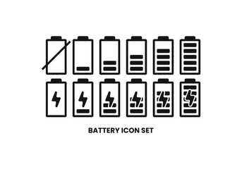 Black battery icon set showing charging, full, medium, low, and empty levels. Ideal for energy, electricity, technology, mobile apps, renewable power, battery status, and electronic device UI design