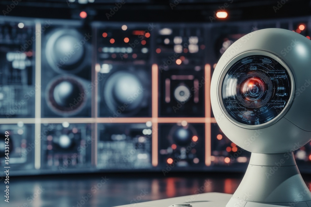 Poster futuristic robot with digital display in a high-tech control room environment