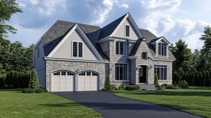 Suburban stone house, landscaped yard, sunny day, architectural rendering, real estate